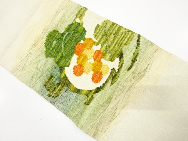 手織り真綿紬　葡萄唐草模様織り出し　名古屋帯